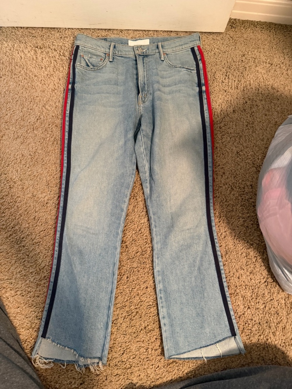 MOTHER Light Blue Straight-Leg Jeans with Red Side Stripe - Picture 2 of 3